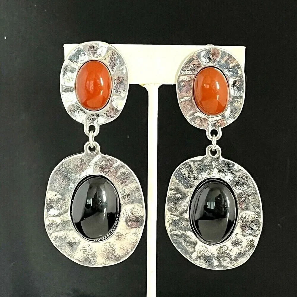 Vintage 1980s Clip Earrings Cabochon Hammered Silver Tone Dangle Statement - 6E